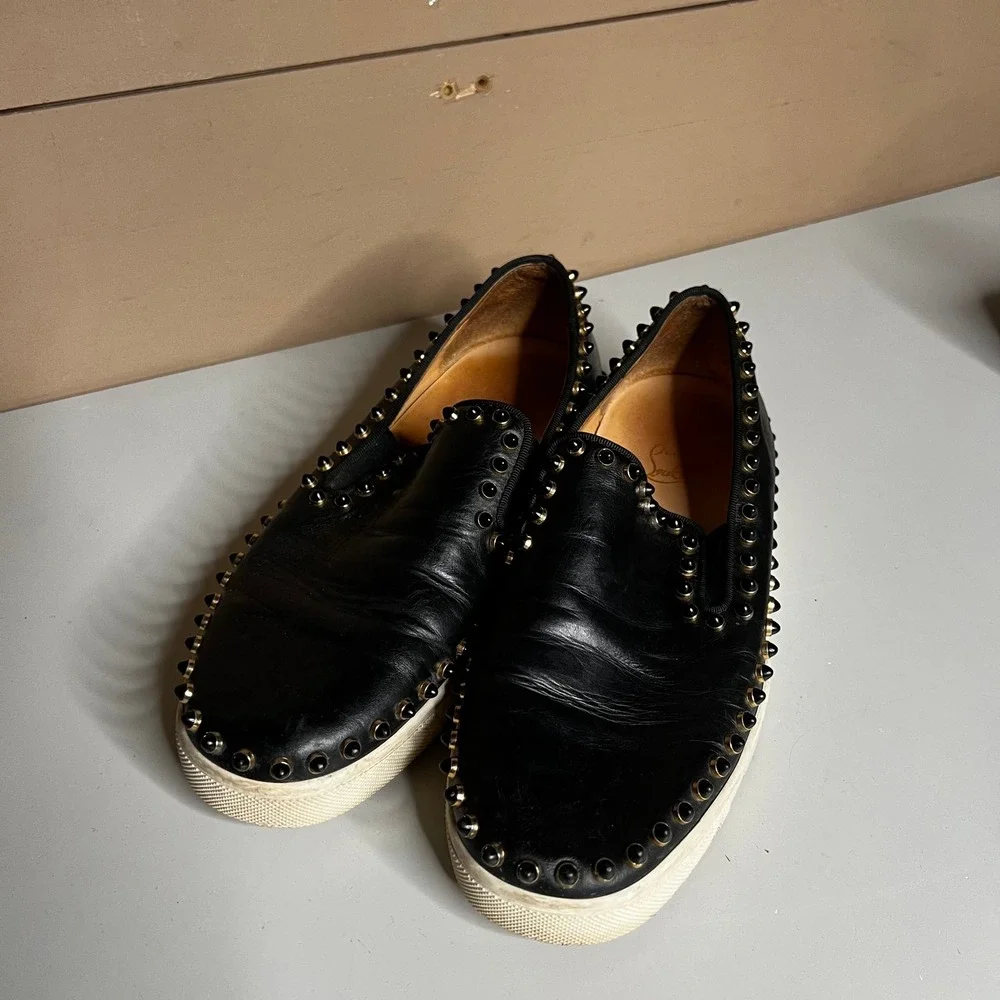 Christian Louboutin Roller Boat Black Leather Spiked‎ Slip On Sneakers 37.5